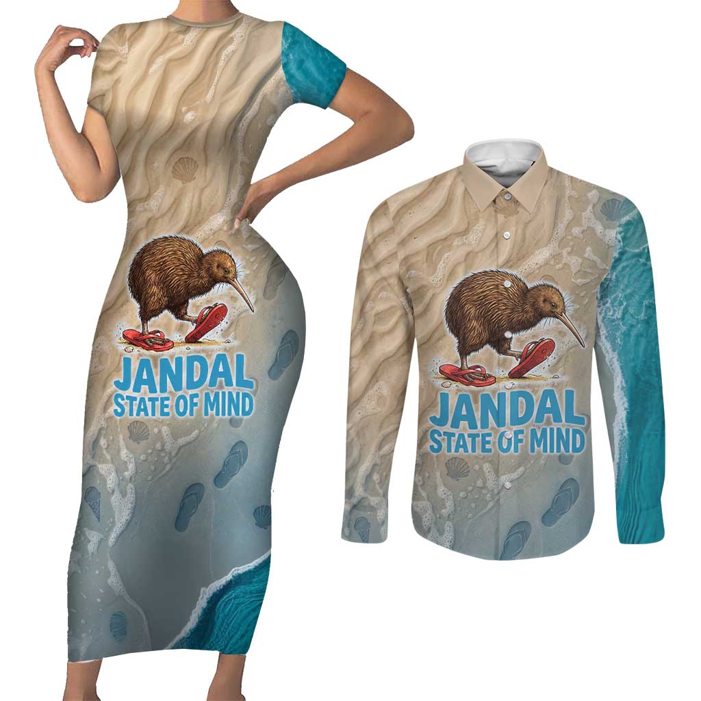 Kiwi Jandal Beach Life Couples Matching Short Sleeve Bodycon Dress and Long Sleeve Button Shirt New Zealand Flip Flops Ocean Wave Surf Style