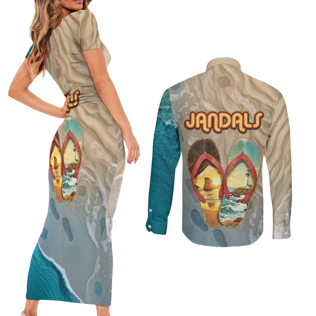 Kiwi Jandal Beach Life Couples Matching Short Sleeve Bodycon Dress and Long Sleeve Button Shirt New Zealand Flip Flops Ocean Wave Surf Style