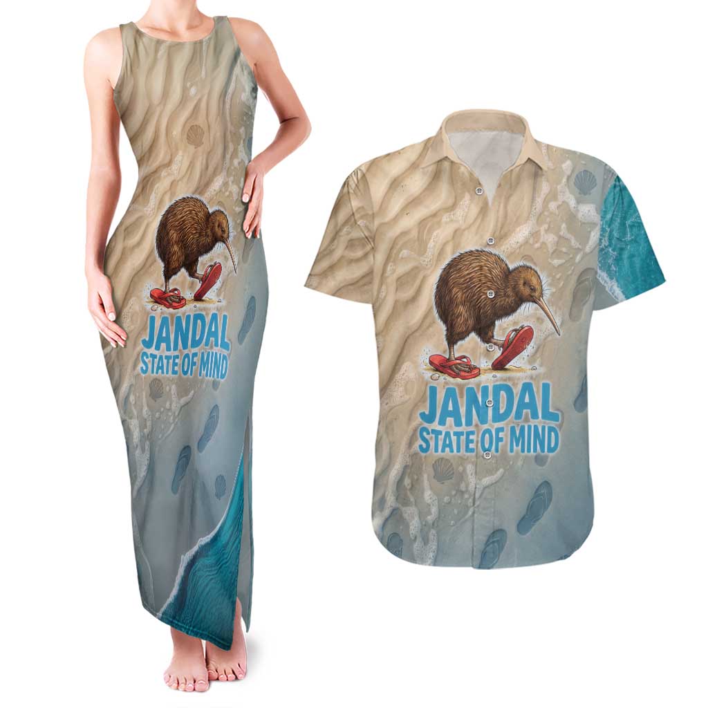 Kiwi Jandal Beach Life Couples Matching Tank Maxi Dress and Hawaiian Shirt New Zealand Flip Flops Ocean Wave Surf Style