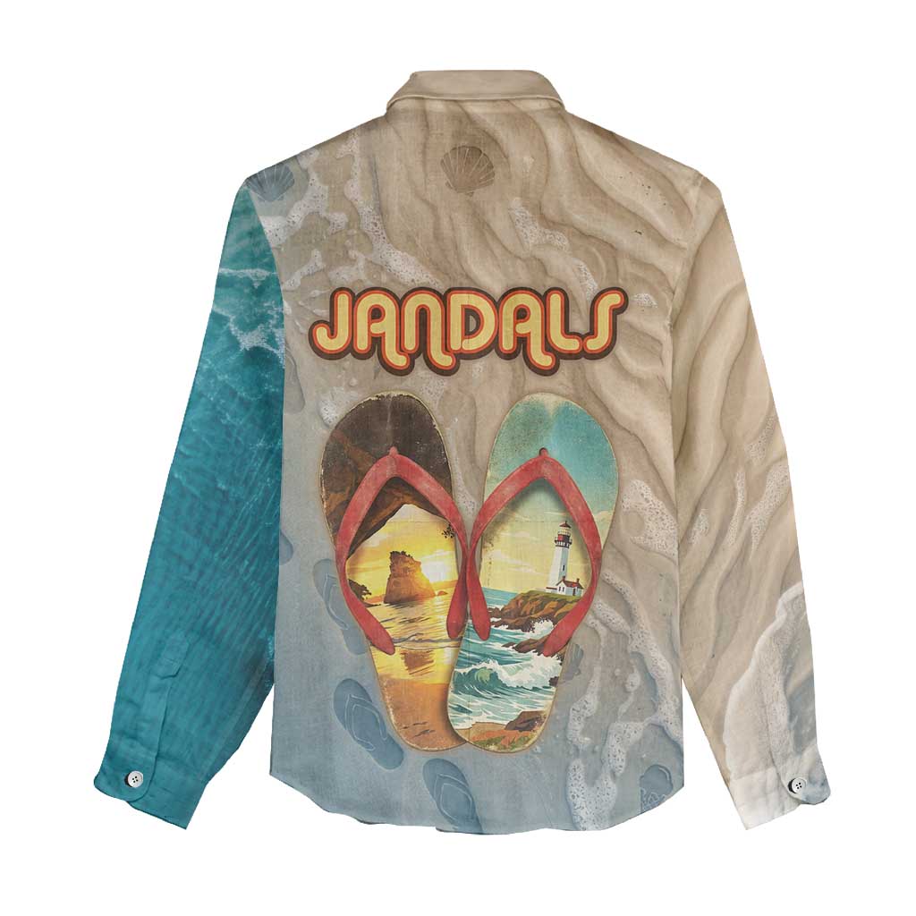 Kiwi Jandal Beach Life Women Casual Shirt New Zealand Flip Flops Ocean Wave Surf Style