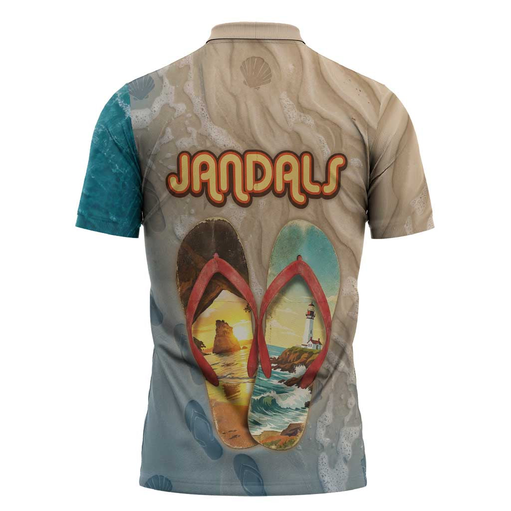 Kiwi Jandal Beach Life Zipper Polo Shirt New Zealand Flip Flops Ocean Wave Surf Style