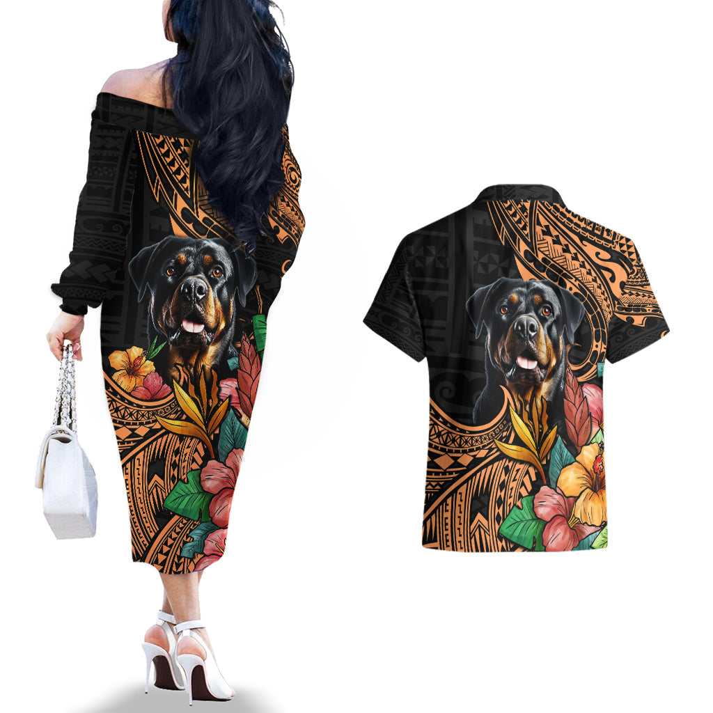 Polynesian Rottweiler Couples Matching Off The Shoulder Long Sleeve Dress and Hawaiian Shirt Polynesian Pattern And Rottweiler TS04 - Polynesian Pride