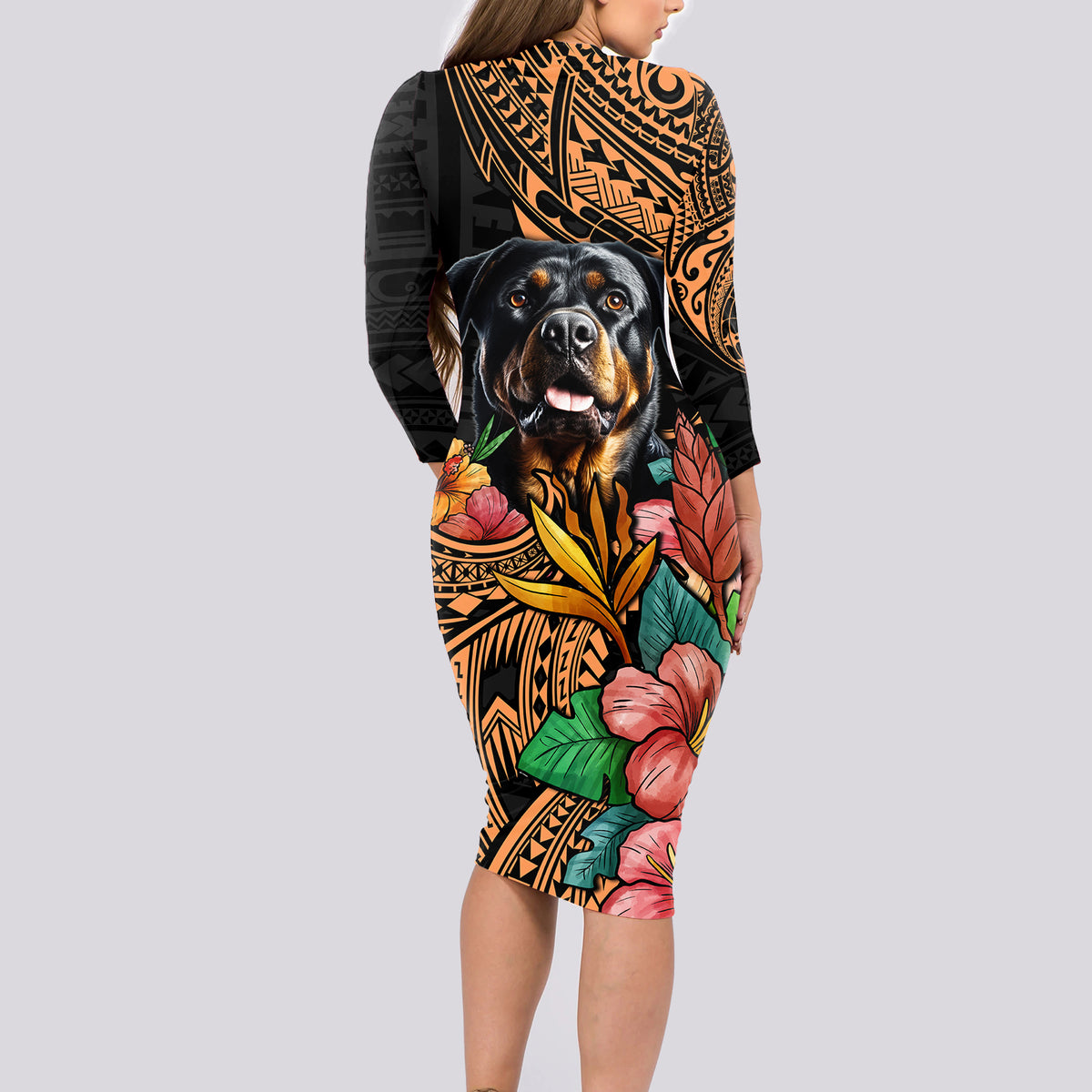 Polynesian Rottweiler Long Sleeve Bodycon Dress Polynesian Pattern And Rottweiler TS04 - Polynesian Pride