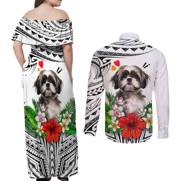 Polynesian Off Shoulder Maxi Dress Dog Lover With Border Collie - Sunset At The Beach Brown Ver LT7