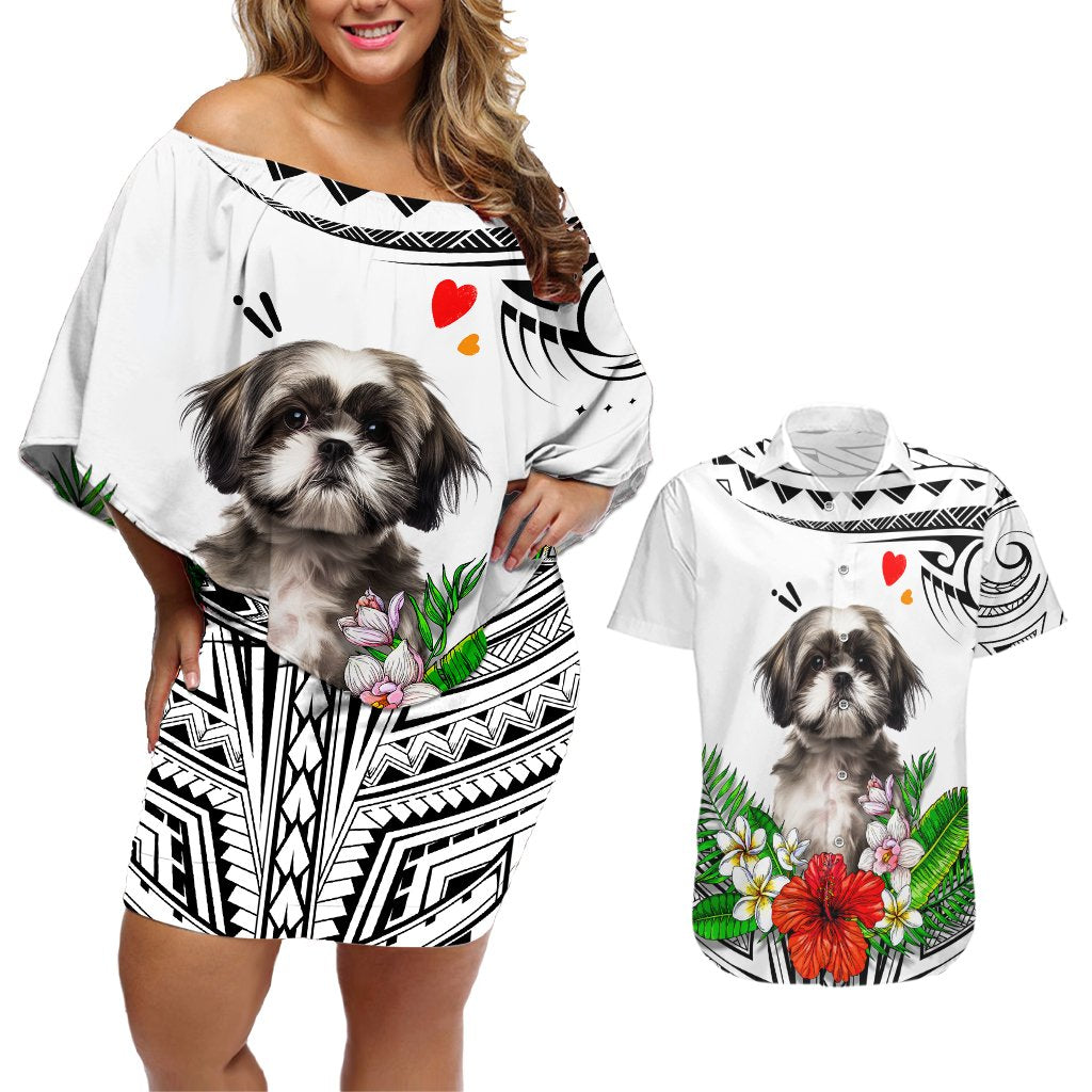 Polynesian Shih Tzu Couples Matching Off Shoulder Short Dress and Hawaiian Shirt Polynesian Pattern And Shih Tzu TS04 White - Polynesian Pride