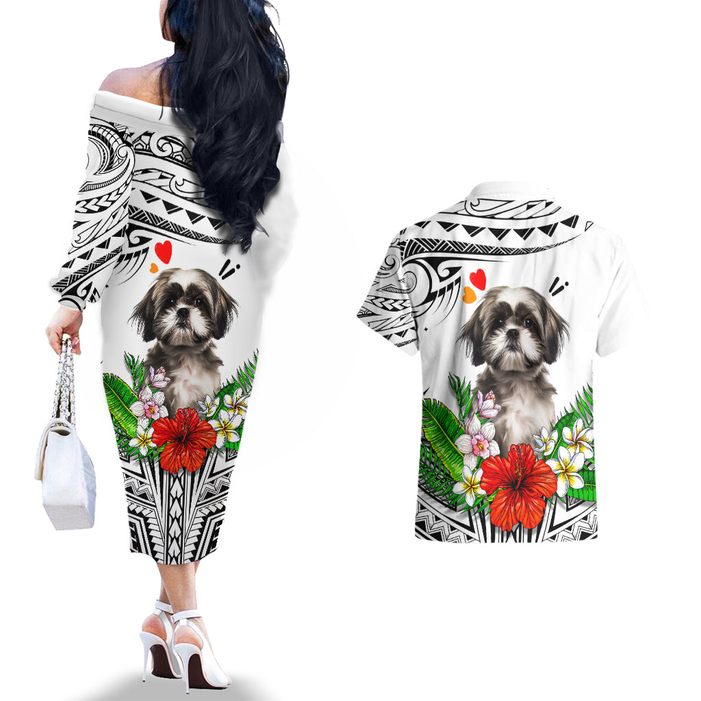 Polynesian Shih Tzu Couples Matching Off The Shoulder Long Sleeve Dress and Hawaiian Shirt Polynesian Pattern And Shih Tzu TS04 - Polynesian Pride