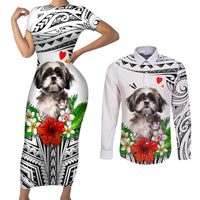 Polynesian Shih Tzu Couples Matching Short Sleeve Bodycon Dress and Long Sleeve Button Shirts Polynesian Pattern And Shih Tzu TS04 White - Polynesian Pride