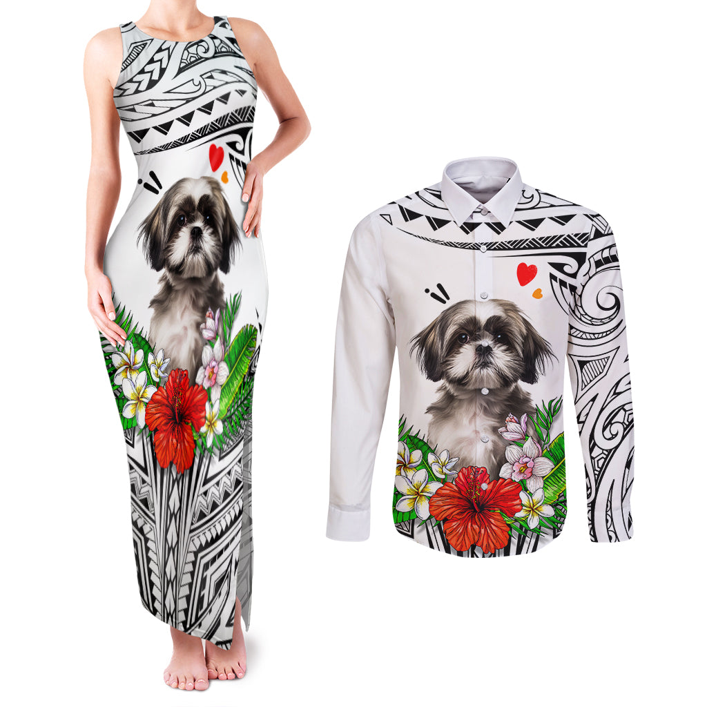 Polynesian Shih Tzu Couples Matching Tank Maxi Dress and Long Sleeve Button Shirts Polynesian Pattern And Shih Tzu TS04 White - Polynesian Pride