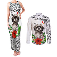 Polynesian Shih Tzu Couples Matching Tank Maxi Dress and Long Sleeve Button Shirts Polynesian Pattern And Shih Tzu TS04 White - Polynesian Pride