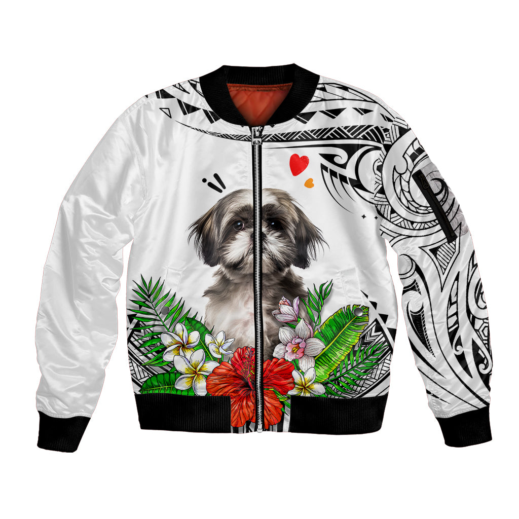 Polynesian Shih Tzu Sleeve Zip Bomber Jacket Polynesian Pattern And Shih Tzu TS04 Unisex White - Polynesian Pride