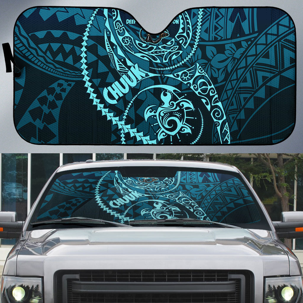 Chuuk Deep Into Truk Lagoon Auto Sun Shade Polynesian Tribal Pattern Wreck Diving Teal Ship Art