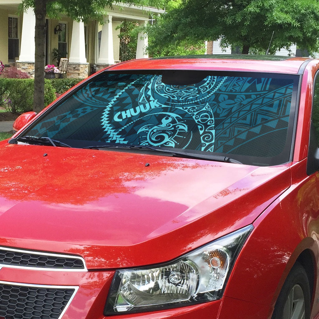 Chuuk Deep Into Truk Lagoon Auto Sun Shade Polynesian Tribal Pattern Wreck Diving Teal Ship Art