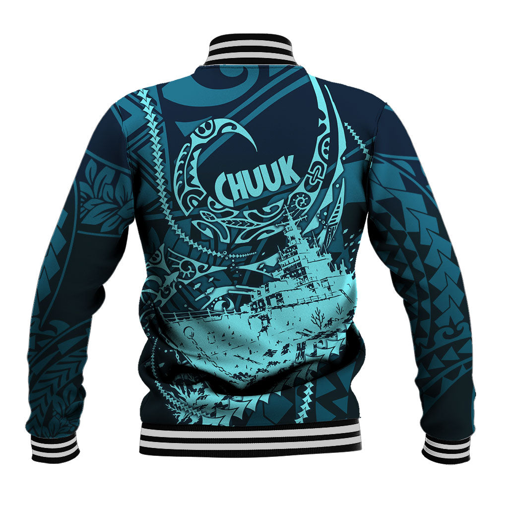 Chuuk Deep Into Truk Lagoon Baseball Jacket Polynesian Tribal Pattern Wreck Diving Teal Ship Art