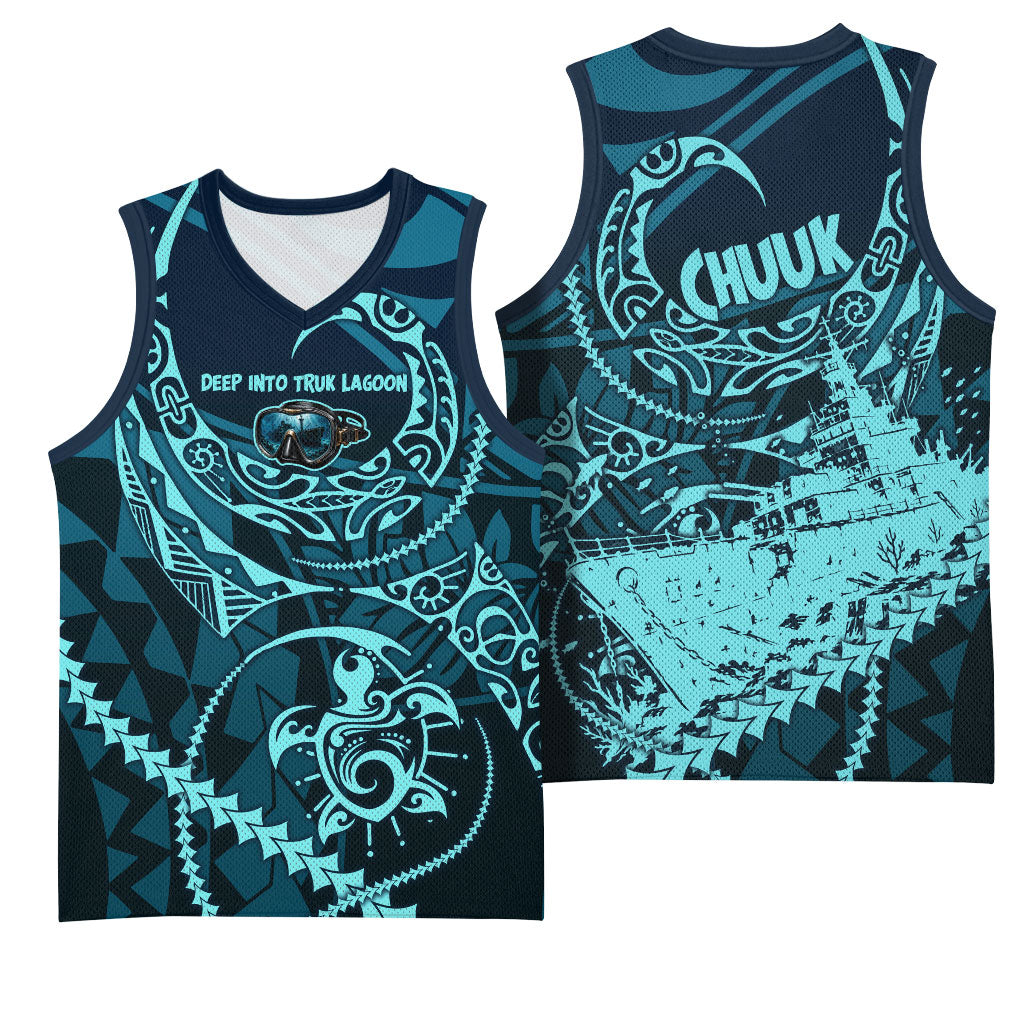 Chuuk Deep Into Truk Lagoon Basketball Jersey Polynesian Tribal Pattern Wreck Diving Teal Ship Art