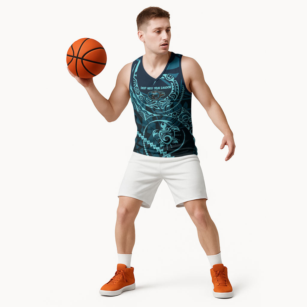 Chuuk Deep Into Truk Lagoon Basketball Jersey Polynesian Tribal Pattern Wreck Diving Teal Ship Art