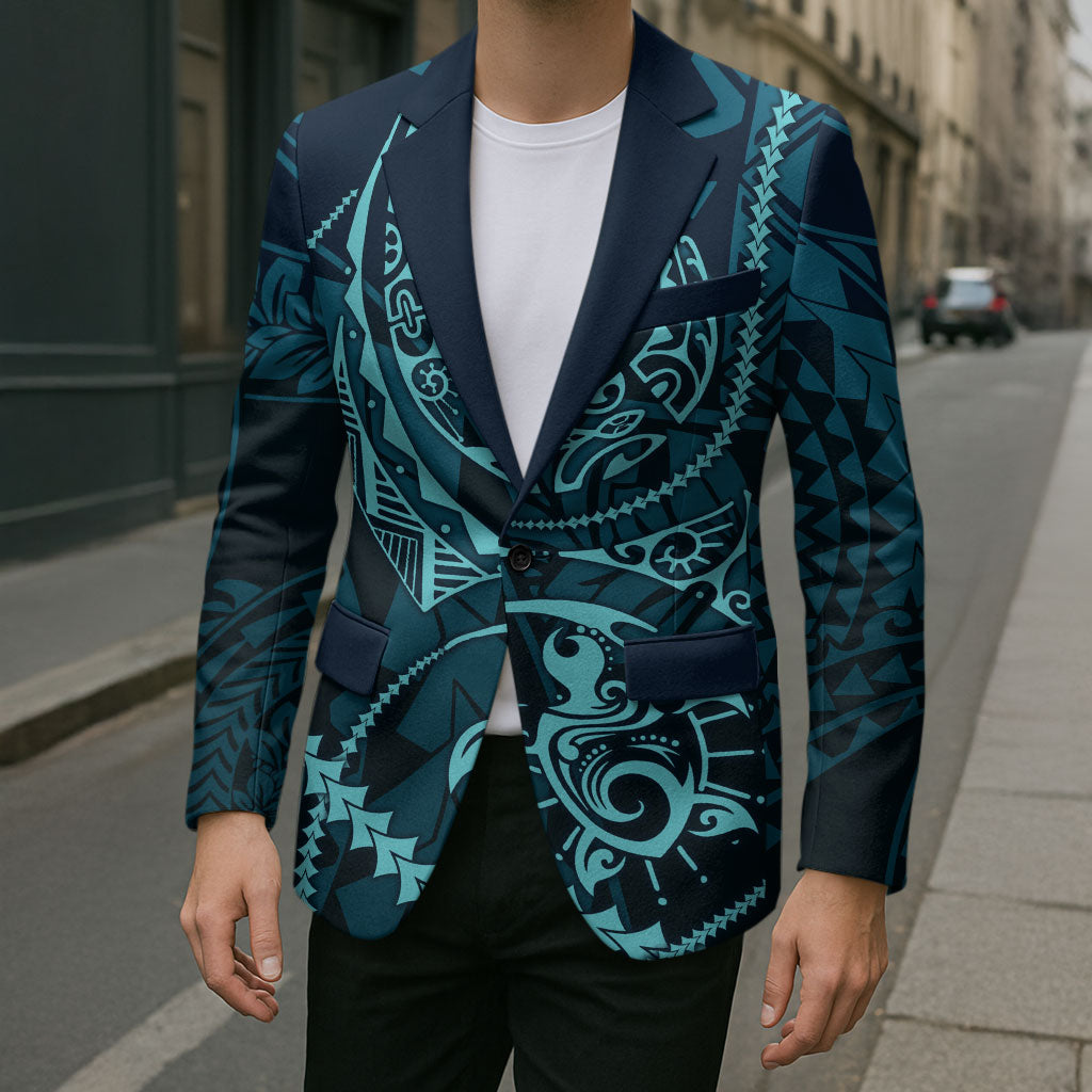 Chuuk Deep Into Truk Lagoon Blazer Polynesian Tribal Pattern Wreck Diving Teal Ship Art