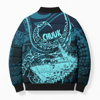 Chuuk Deep Into Truk Lagoon Bomber Puffer Jacket Polynesian Tribal Pattern Wreck Diving Teal Ship Art