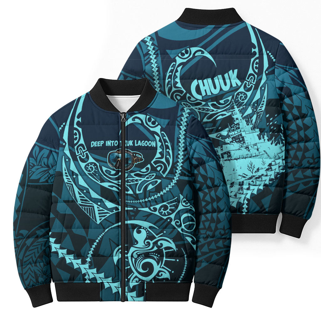 Chuuk Deep Into Truk Lagoon Bomber Puffer Jacket Polynesian Tribal Pattern Wreck Diving Teal Ship Art