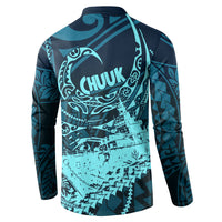 Chuuk Deep Into Truk Lagoon Button Sweatshirt Polynesian Tribal Pattern Wreck Diving Teal Ship Art