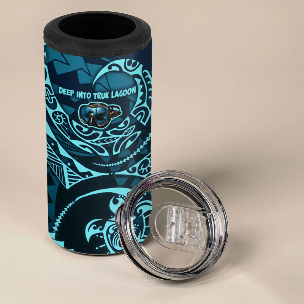 Chuuk Deep Into Truk Lagoon 4 in 1 Can Cooler Tumbler Polynesian Tribal Pattern Wreck Diving Teal Ship Art