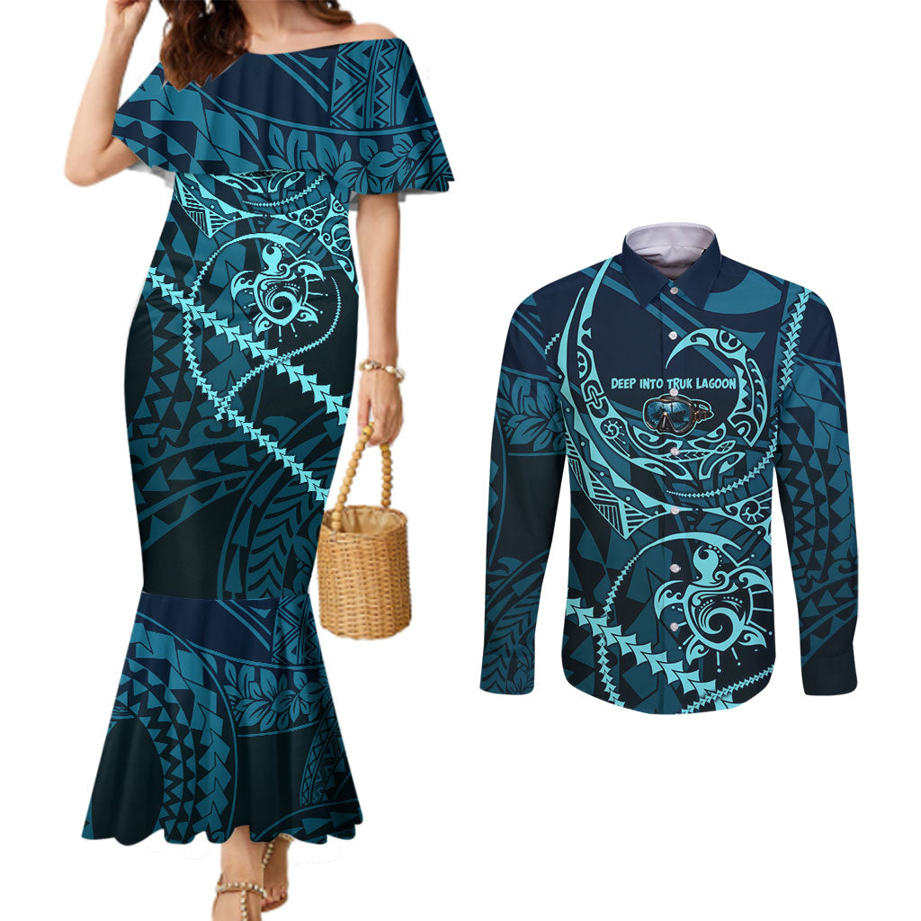 Chuuk Deep Into Truk Lagoon Couples Matching Mermaid Dress and Long Sleeve Button Shirt Polynesian Tribal Pattern Wreck Diving Teal Ship Art TS04 Blue Black - Polynesian Pride