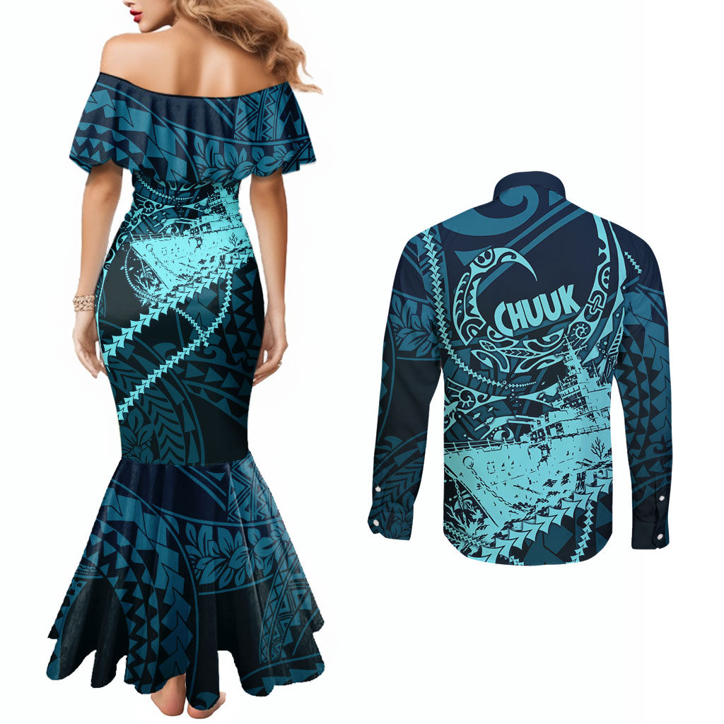 Chuuk Deep Into Truk Lagoon Couples Matching Mermaid Dress and Long Sleeve Button Shirt Polynesian Tribal Pattern Wreck Diving Teal Ship Art
