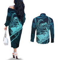 Chuuk Deep Into Truk Lagoon Couples Matching Off The Shoulder Long Sleeve Dress and Long Sleeve Button Shirt Polynesian Tribal Pattern Wreck Diving Teal Ship Art