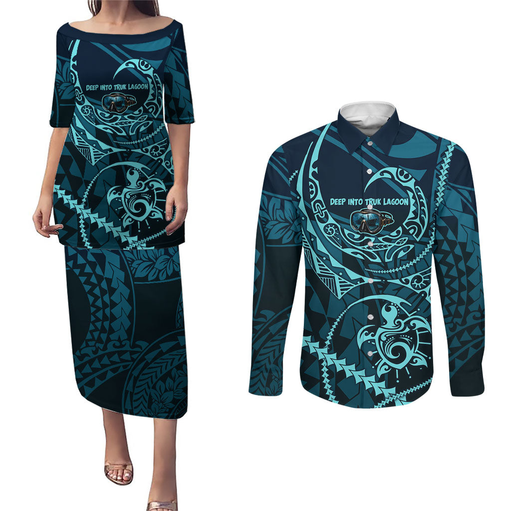Chuuk Deep Into Truk Lagoon Couples Matching Puletasi and Long Sleeve Button Shirt Polynesian Tribal Pattern Wreck Diving Teal Ship Art