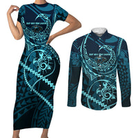 Chuuk Deep Into Truk Lagoon Couples Matching Short Sleeve Bodycon Dress and Long Sleeve Button Shirt Polynesian Tribal Pattern Wreck Diving Teal Ship Art