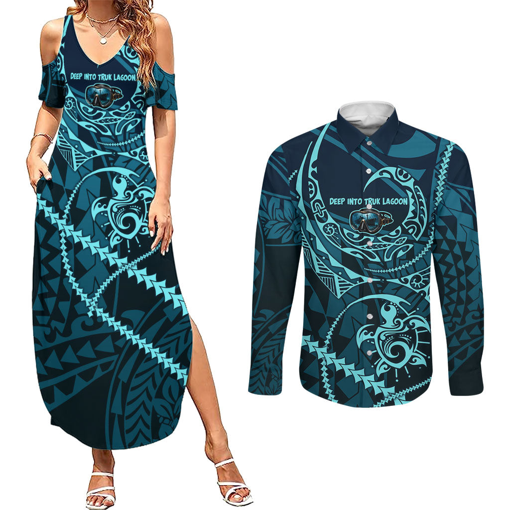 Chuuk Deep Into Truk Lagoon Couples Matching Summer Maxi Dress and Long Sleeve Button Shirt Polynesian Tribal Pattern Wreck Diving Teal Ship Art