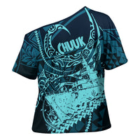 Chuuk Deep Into Truk Lagoon Cross Shoulder Shirt Polynesian Tribal Pattern Wreck Diving Teal Ship Art