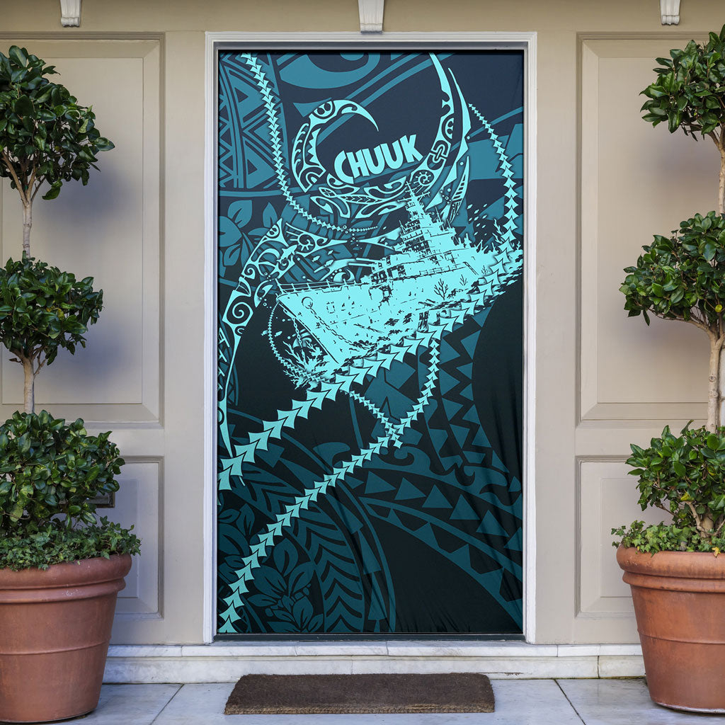 Chuuk Deep Into Truk Lagoon Door Cover Polynesian Tribal Pattern Wreck Diving Teal Ship Art