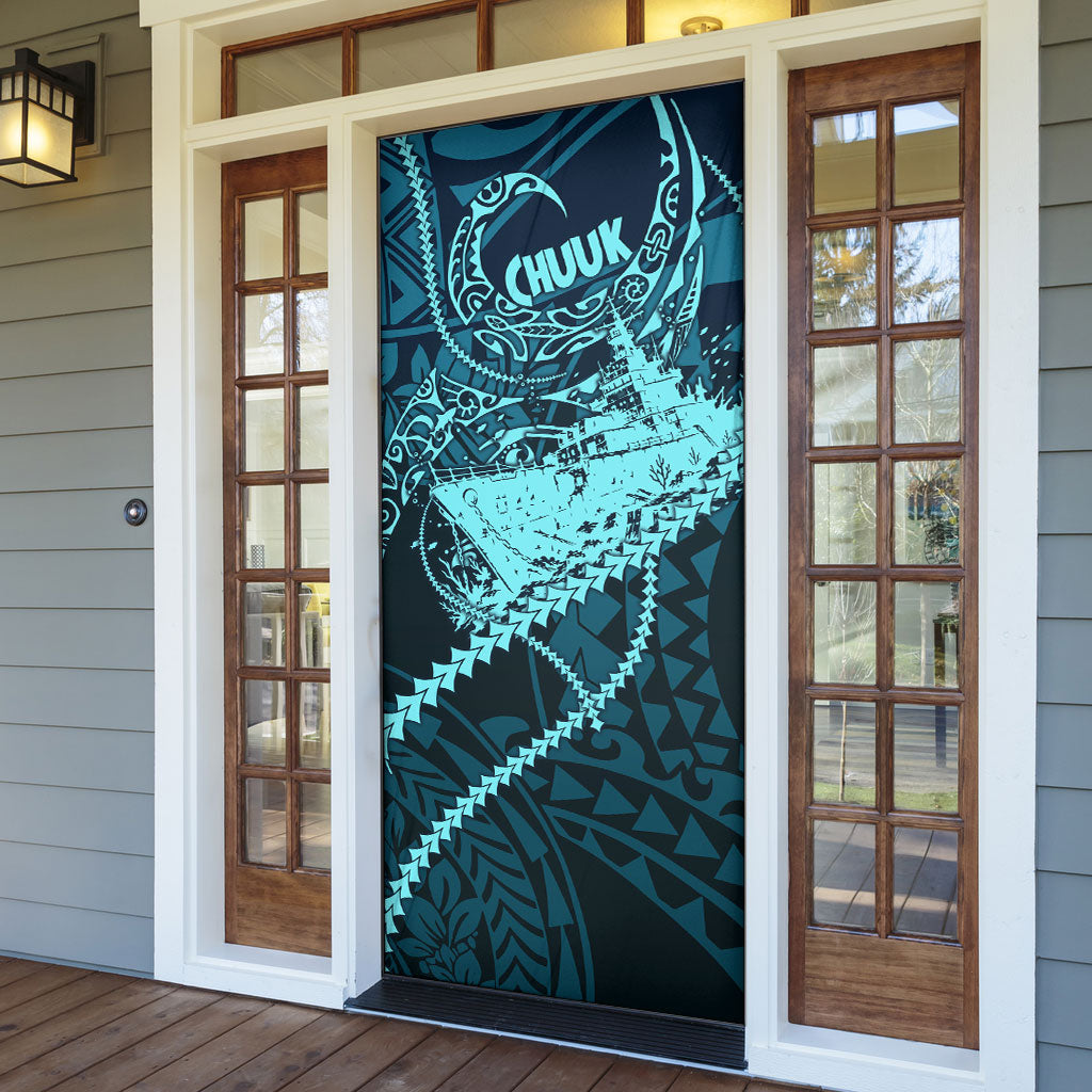 Chuuk Deep Into Truk Lagoon Door Cover Polynesian Tribal Pattern Wreck Diving Teal Ship Art