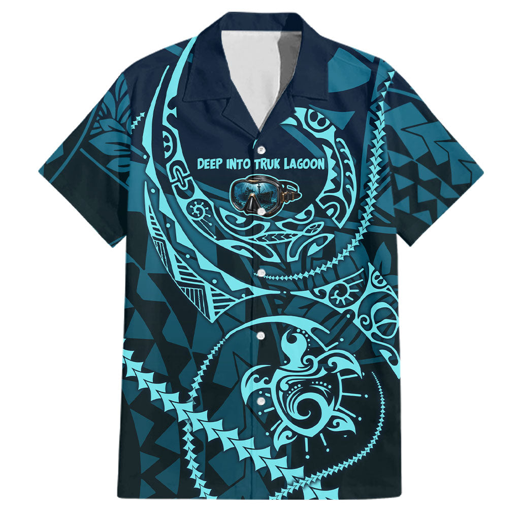 Chuuk Deep Into Truk Lagoon Family Matching Long Sleeve Bodycon Dress and Hawaiian Shirt Polynesian Tribal Pattern Wreck Diving Teal Ship Art