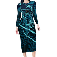 Chuuk Deep Into Truk Lagoon Family Matching Long Sleeve Bodycon Dress and Hawaiian Shirt Polynesian Tribal Pattern Wreck Diving Teal Ship Art