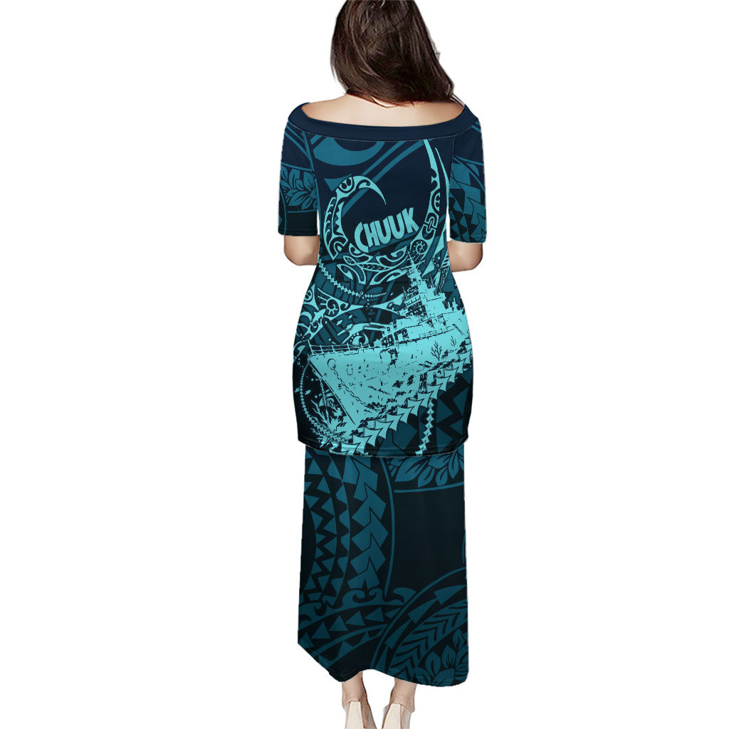 Chuuk Deep Into Truk Lagoon Family Matching Puletasi and Hawaiian Shirt Polynesian Tribal Pattern Wreck Diving Teal Ship Art