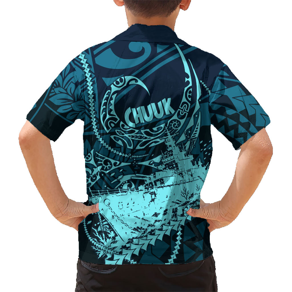 Chuuk Deep Into Truk Lagoon Family Matching Summer Maxi Dress and Hawaiian Shirt Polynesian Tribal Pattern Wreck Diving Teal Ship Art