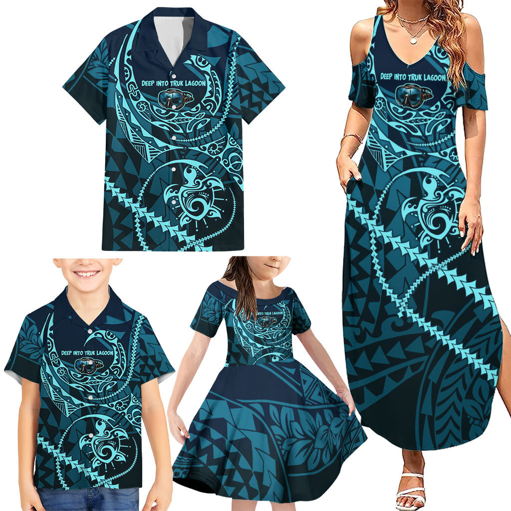 Chuuk Deep Into Truk Lagoon Family Matching Summer Maxi Dress and Hawaiian Shirt Polynesian Tribal Pattern Wreck Diving Teal Ship Art