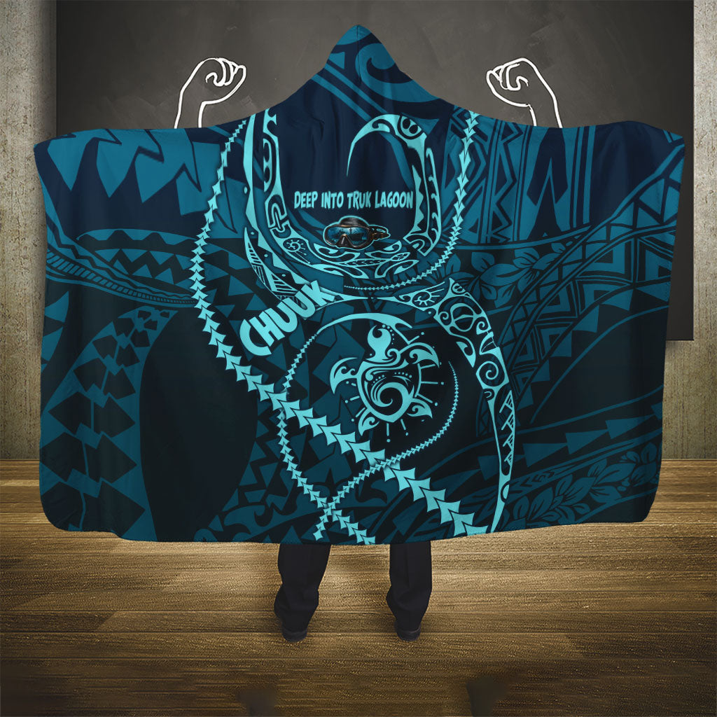 Chuuk Deep Into Truk Lagoon Hooded Blanket Polynesian Tribal Pattern Wreck Diving Teal Ship Art