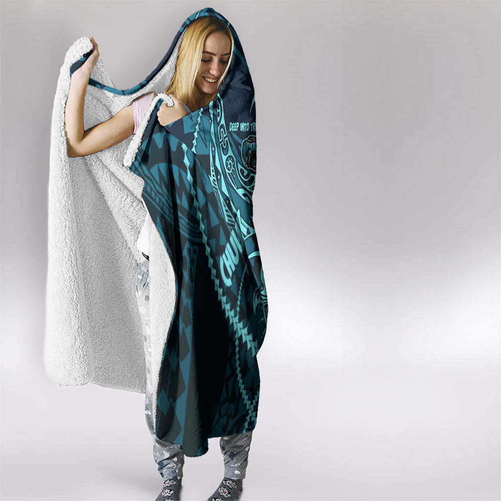 Chuuk Deep Into Truk Lagoon Hooded Blanket Polynesian Tribal Pattern Wreck Diving Teal Ship Art
