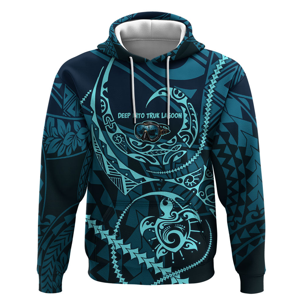 Chuuk Deep Into Truk Lagoon Hoodie Polynesian Tribal Pattern Wreck Diving Teal Ship Art