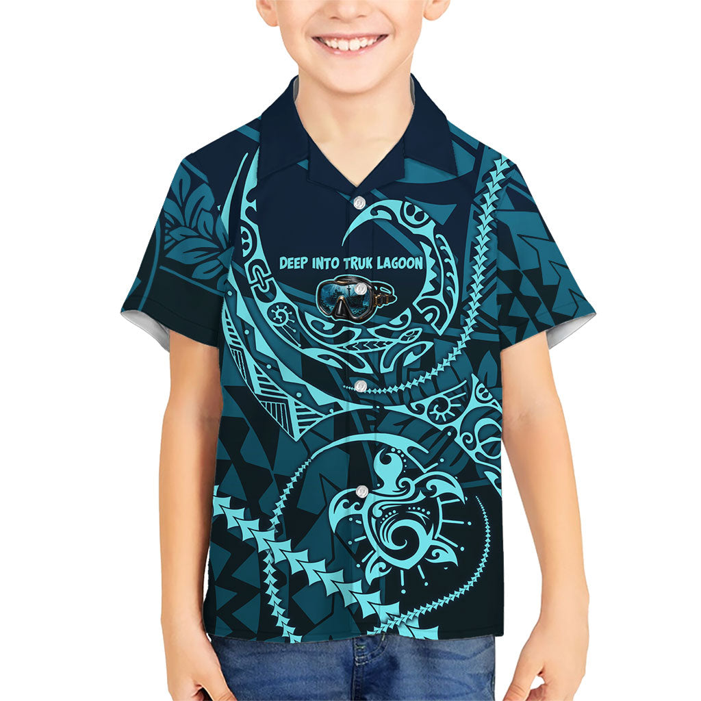 Chuuk Deep Into Truk Lagoon Kid Hawaiian Shirt Polynesian Tribal Pattern Wreck Diving Teal Ship Art