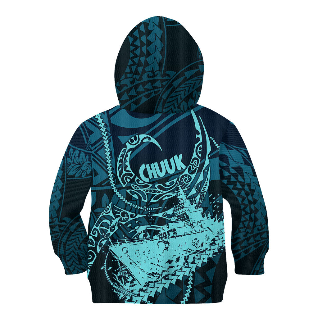 Chuuk Deep Into Truk Lagoon Kid Hoodie Polynesian Tribal Pattern Wreck Diving Teal Ship Art