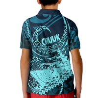 Chuuk Deep Into Truk Lagoon Kid Polo Shirt Polynesian Tribal Pattern Wreck Diving Teal Ship Art