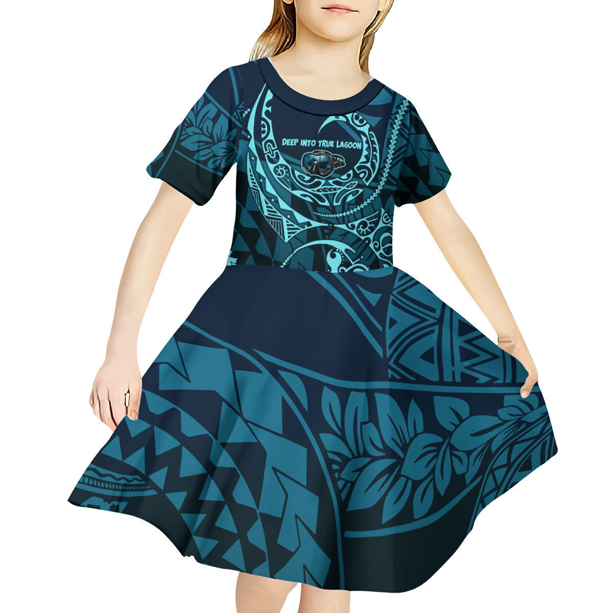 Chuuk Deep Into Truk Lagoon Kid Short Sleeve Dress Polynesian Tribal Pattern Wreck Diving Teal Ship Art