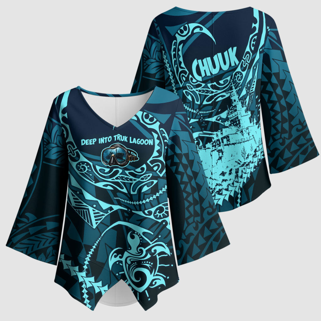 Chuuk Deep Into Truk Lagoon Kimono Sleeve Blouse Polynesian Tribal Pattern Wreck Diving Teal Ship Art