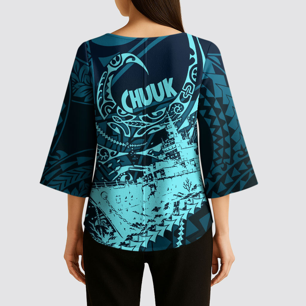 Chuuk Deep Into Truk Lagoon Kimono Sleeve Blouse Polynesian Tribal Pattern Wreck Diving Teal Ship Art