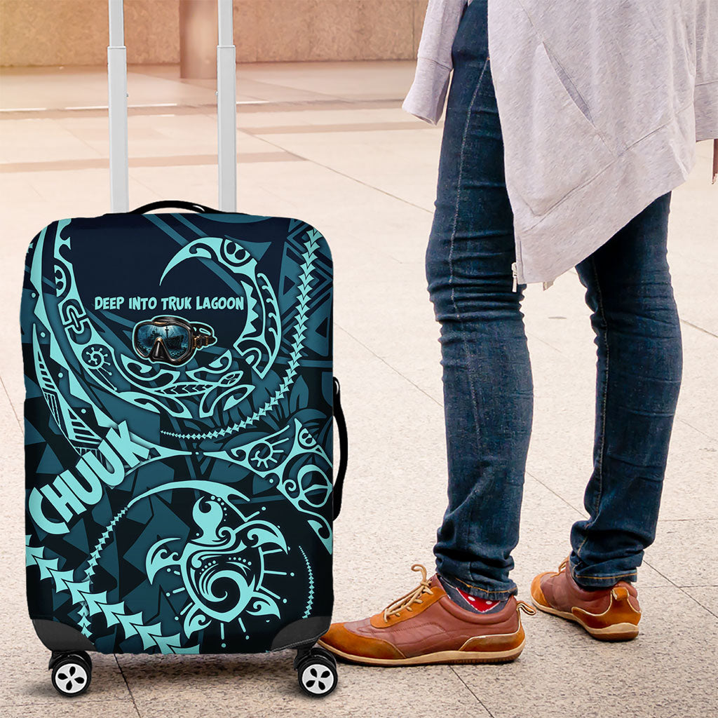 Chuuk Deep Into Truk Lagoon Luggage Cover Polynesian Tribal Pattern Wreck Diving Teal Ship Art