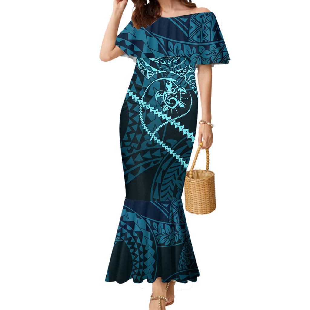 Chuuk Deep Into Truk Lagoon Mermaid Dress Polynesian Tribal Pattern Wreck Diving Teal Ship Art