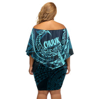 Chuuk Deep Into Truk Lagoon Off Shoulder Short Dress Polynesian Tribal Pattern Wreck Diving Teal Ship Art